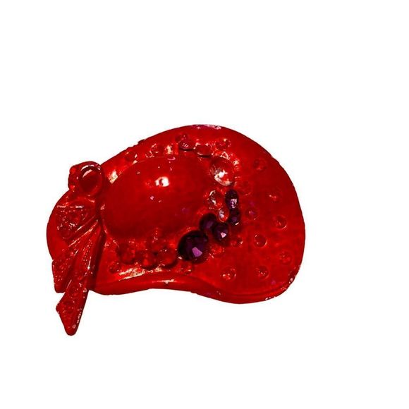Vintage Red Ceramic and Rhinestone Hat Brooch - Picture 1 of 7